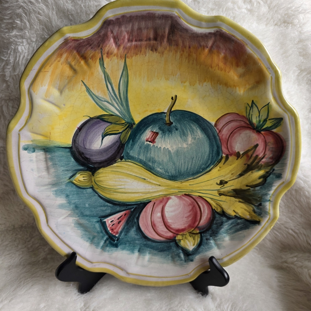 Italian Vintage Hand-Painted Yellow Multi-Color Fruit Decorative Plate